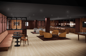 A modern living room with a pool table and a bar area.